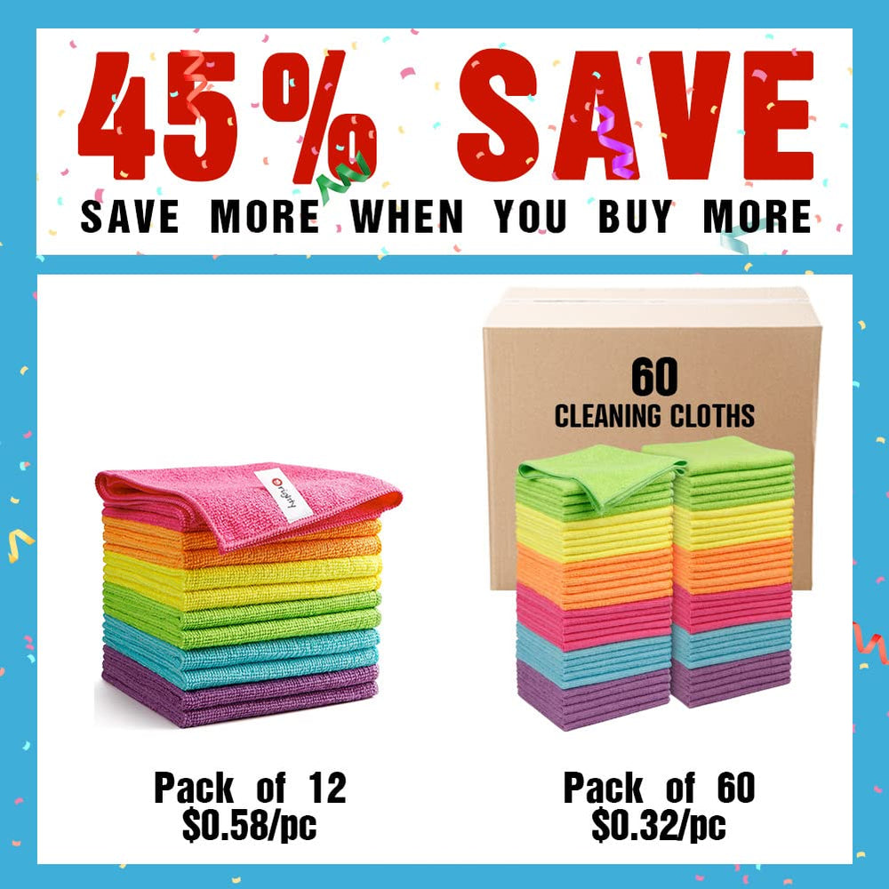Orighty microfiber towels highlight absorbency and color-coded use.