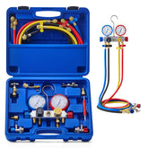 Orion Motor Tech 4-way AC gauge set with clear readings for quick pressure checks.
