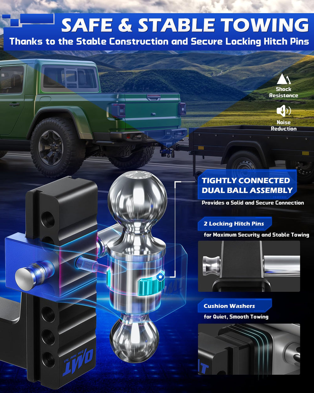Orion Motor Tech 6-inch drop-rise slider demonstrates adjustable height for proper trailer leveling.