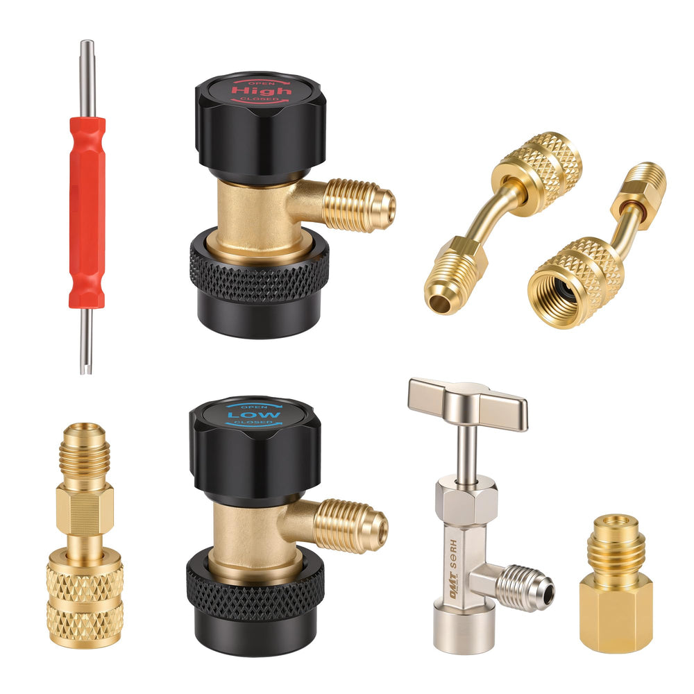 Orion Motor Tech 8pc AC kit with quick couplers for leak-free R134a service.