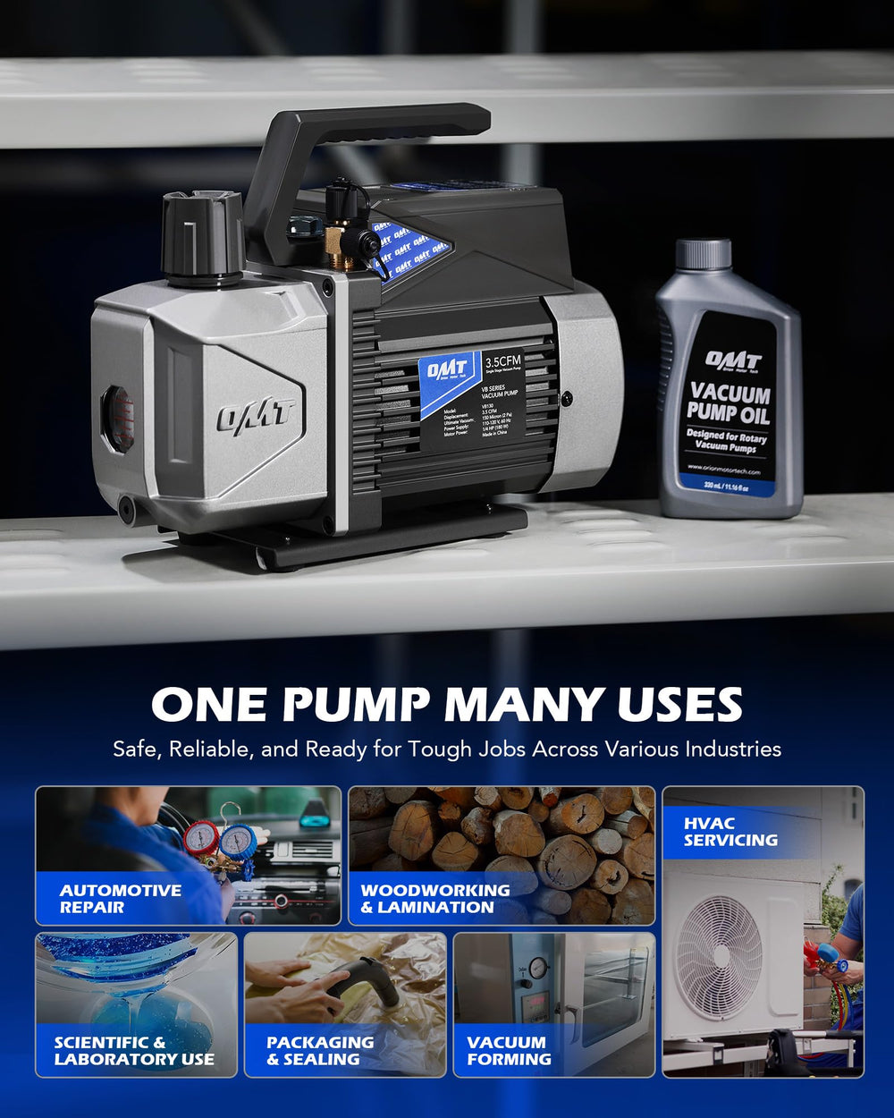 Orion Motor Tech A2L vacuum pump delivering 3.5 CFM for fast evacuations