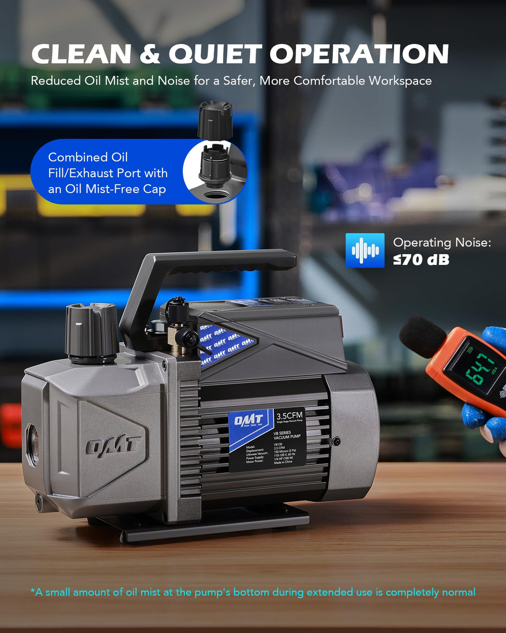 Orion Motor Tech A2L vacuum pump with angled oil drain for easy maintenance