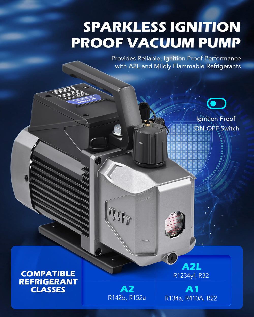 Orion Motor Tech A2L vacuum pump with ignition-proof switch for safer operation