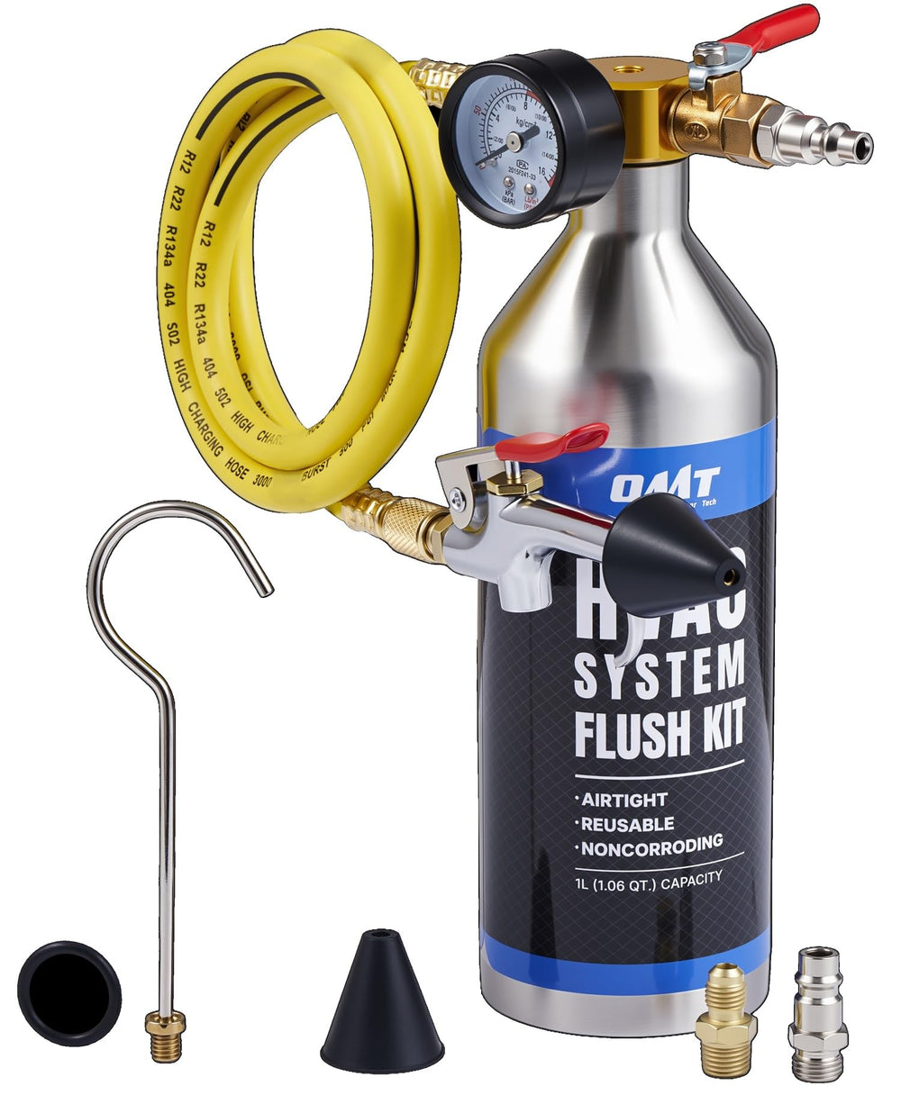 Orion Motor Tech AC Flush Kit tank shows durable stainless steel construction for long-lasting automotive use.