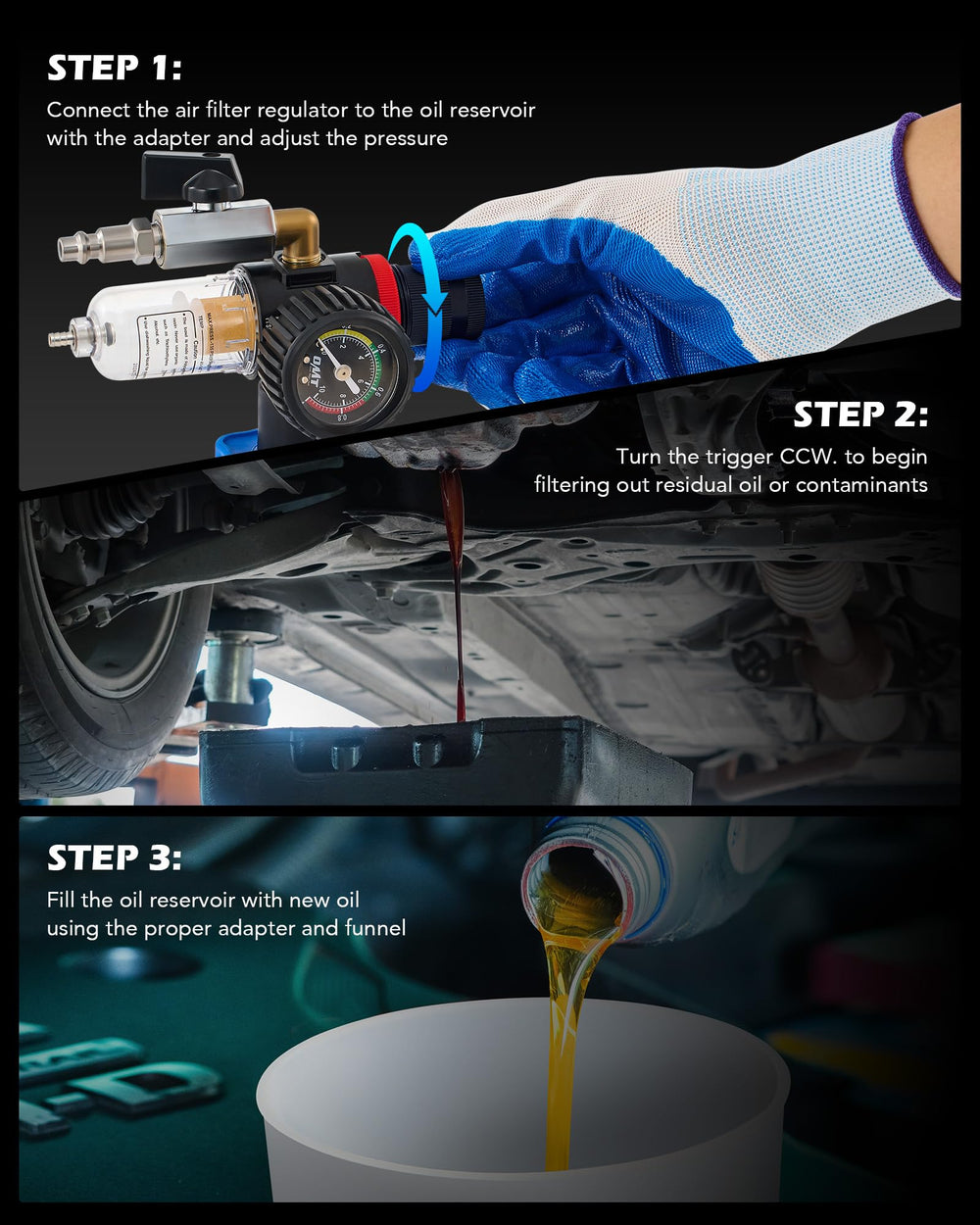 Orion Motor Tech air filter regulator enables precise pour control during oil fill