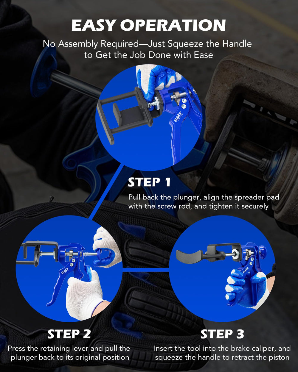Orion Motor Tech brake caliper compressor in use showing lever action.