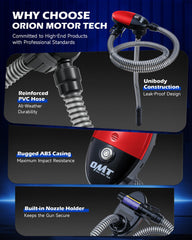 Orion Motor Tech pump compatible with gasoline, diesel, and kerosene cans.