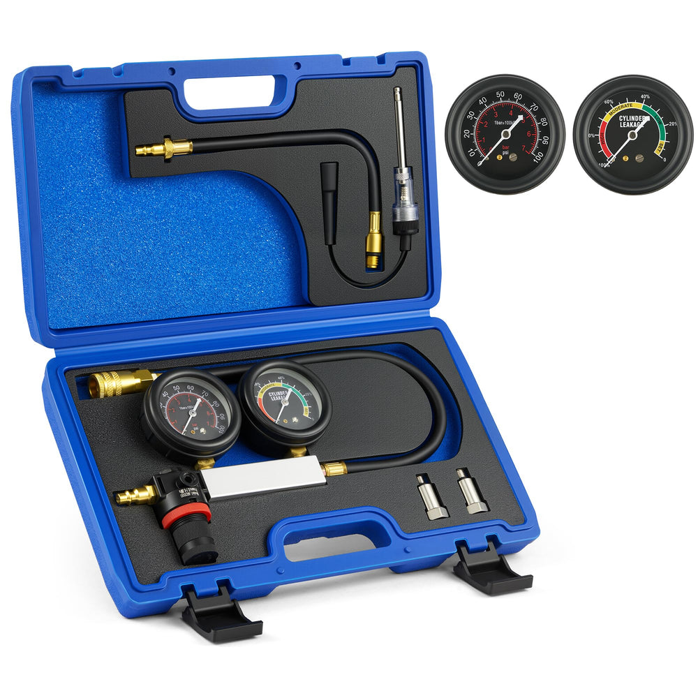 Orion Motor Tech cylinder leak-down tester kit with clear dials for precise engine diagnostics.
