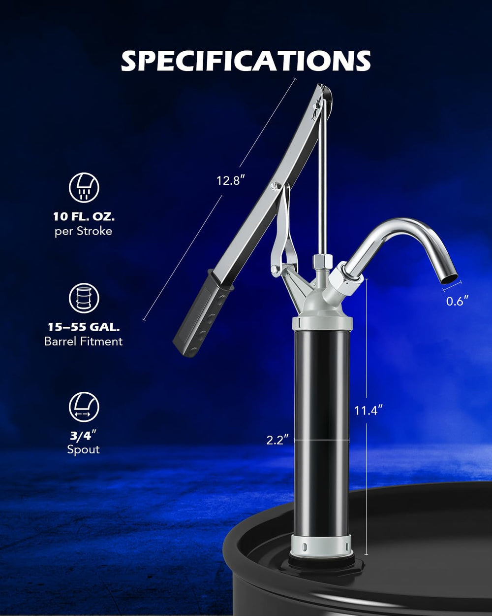 Orion Motor Tech heavy-duty drum pump showing 3/4-inch outlet for steady flow