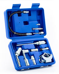 Orion Motor Tech 11-piece kit layout with multiple adapters for versatile grease work
