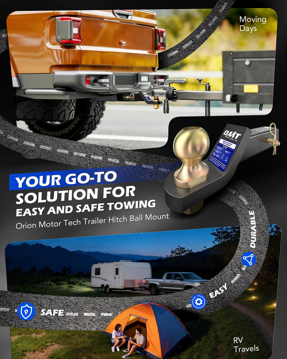 Orion Motor Tech 2-5-16-inch ball hitch image for quick, reliable towing.