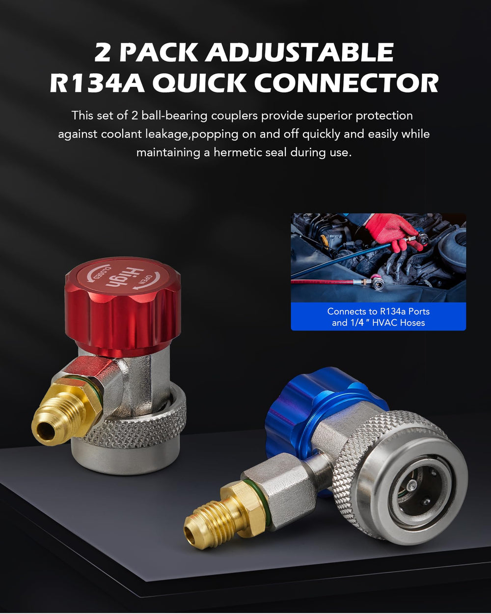 Orion Motor Tech HP and LP connectors ensuring reliable connections during R134a servicing