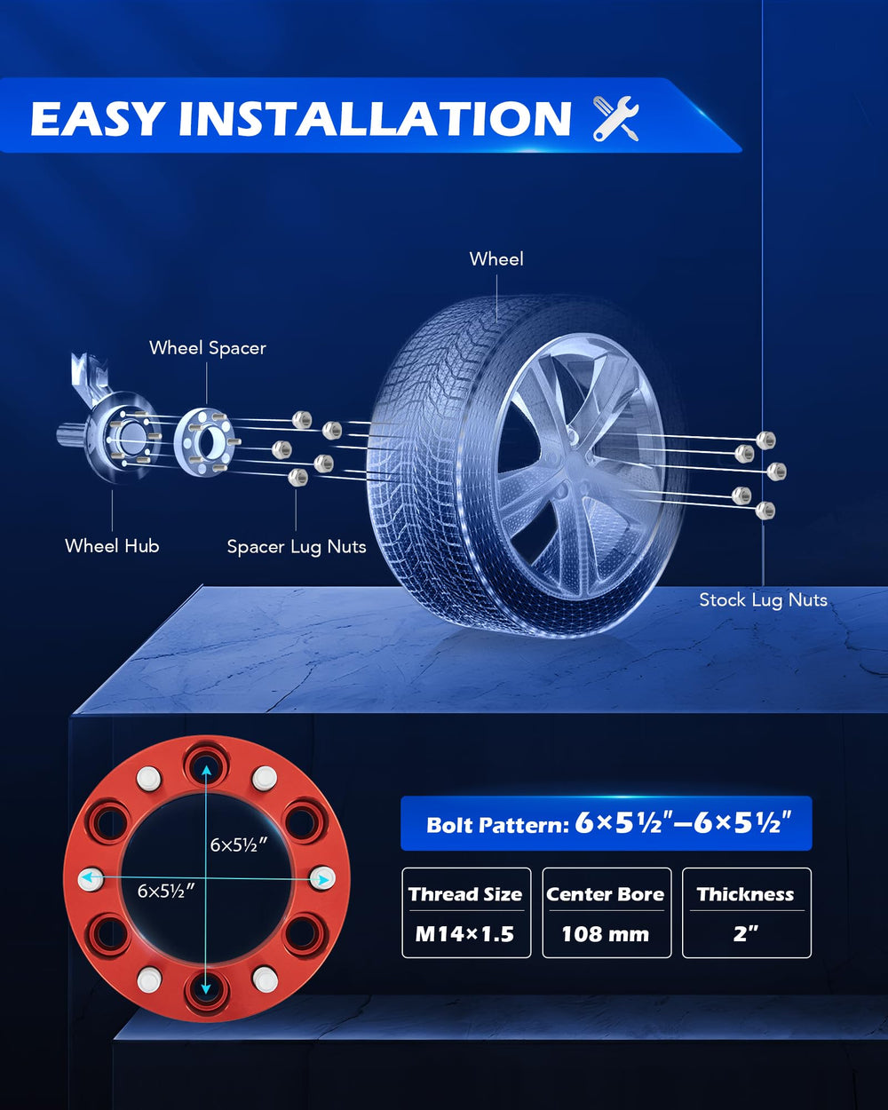 Orion Motor Tech red 108mm bore spacers ensure precise hub fit and safety