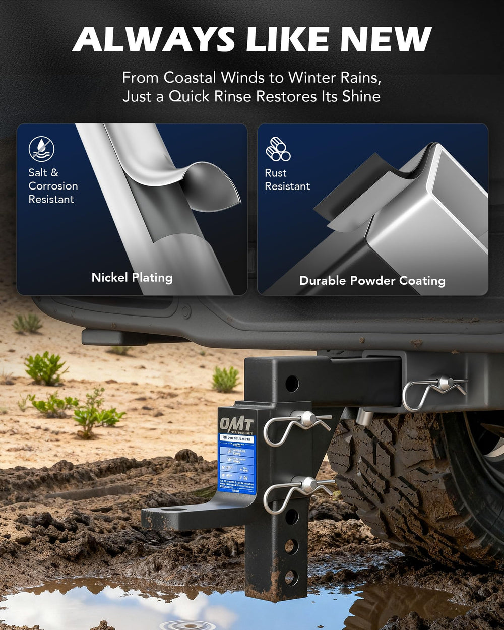 Orion Motor Tech rust-resistant powder coating on hitch for weather resistance