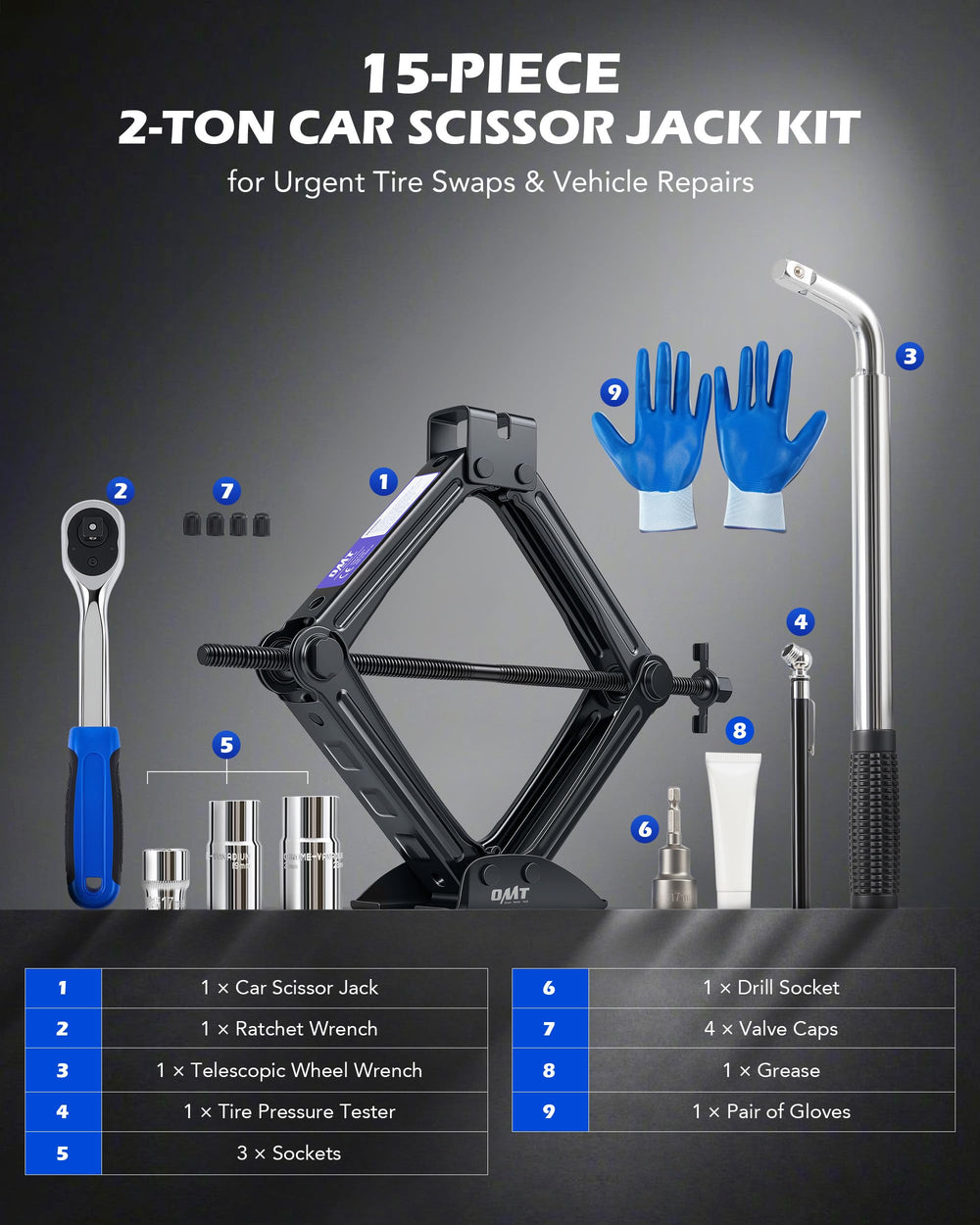 Included stand supports safe spare tire changes