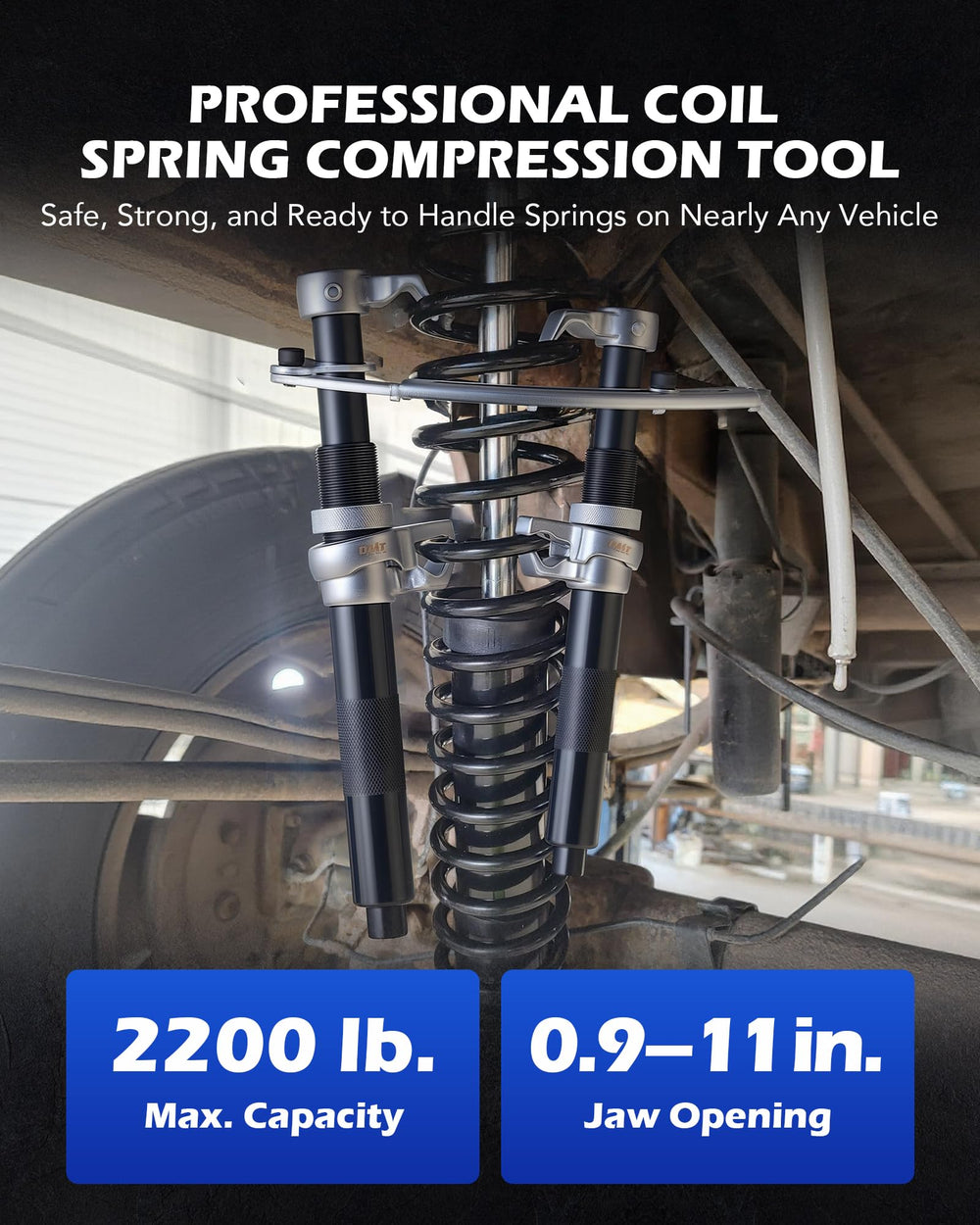 Orion Motor Tech 2200lb strut compressor in use on a sedan.