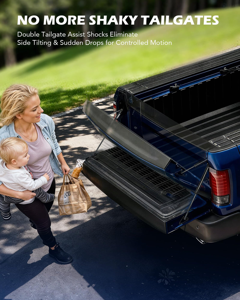 Orion Motor Tech tailgate assist installed on Ford F-150 tailgate, reducing impact.
