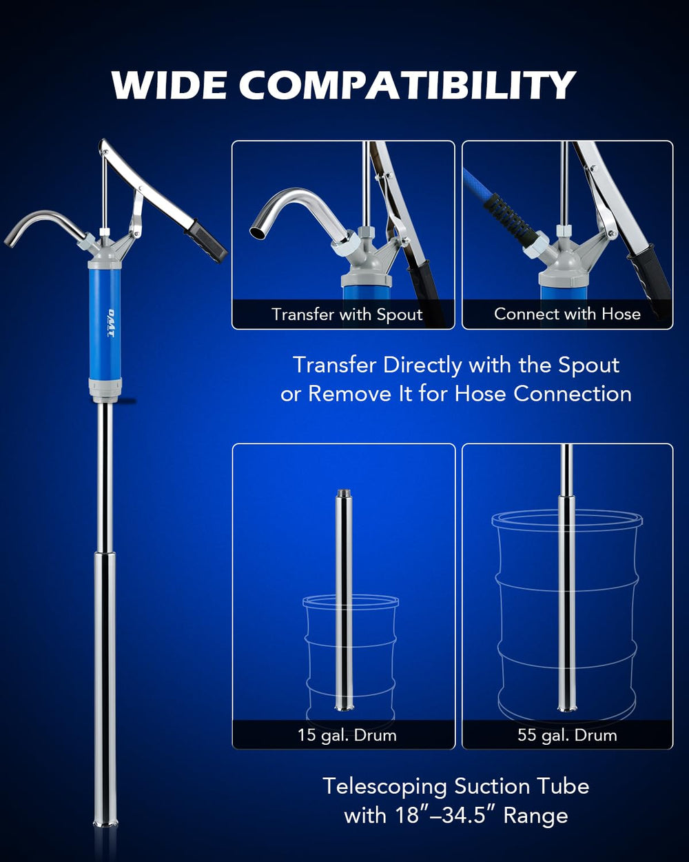 Telescoping suction tube extended for deep drum access