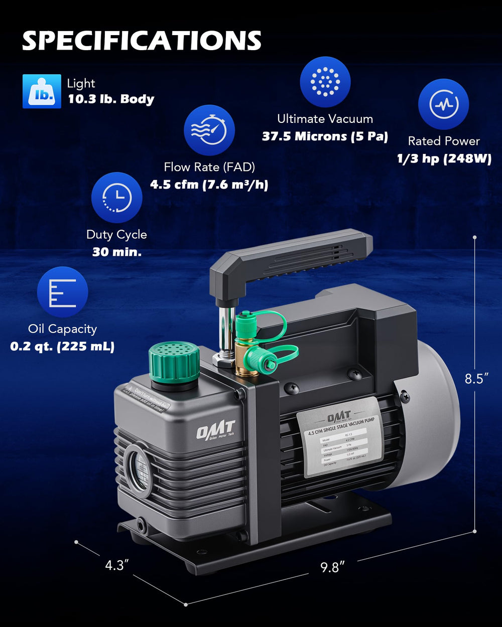Orion Motor Tech vacuum pump with 1/3 HP motor offers robust performance