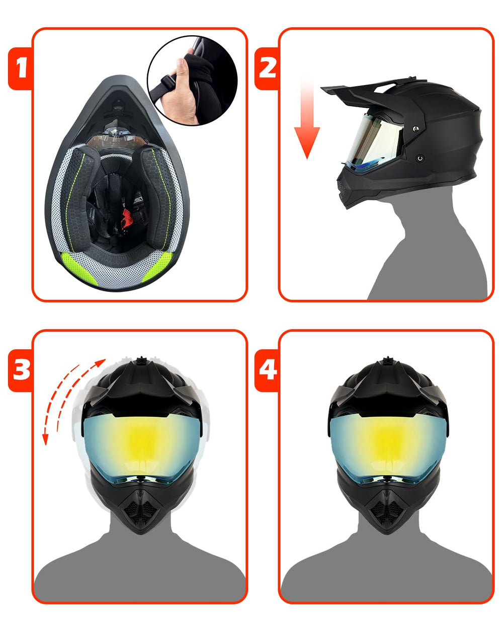 Orthrus sun visor reduces glare while keeping dust out of the rider's view