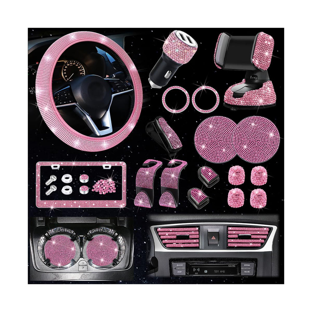 Osilly crystal steering wheel cover in pink adds dazzling style and interior protection.