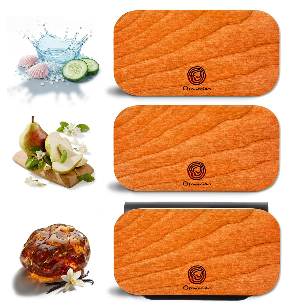 Osmerion Amber wood air freshener clipped to visor for a long-lasting scent.