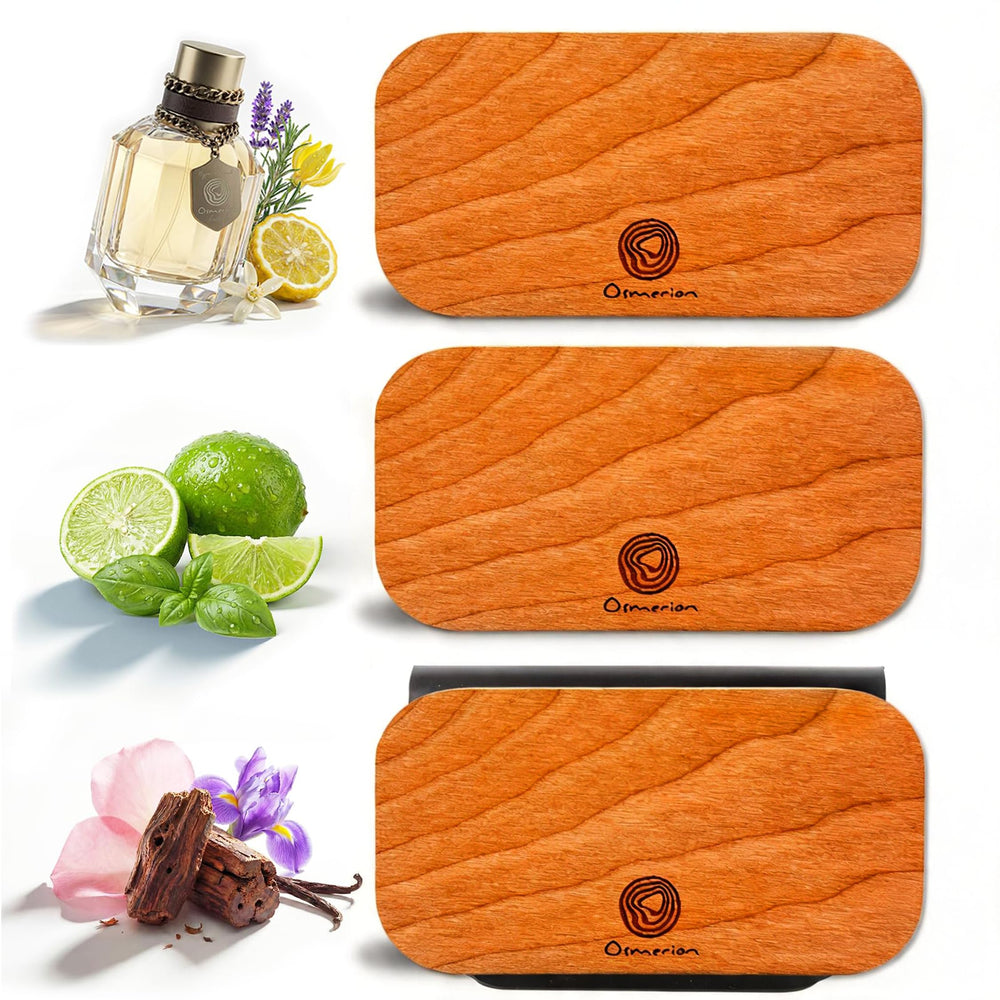 Osmerion wood air freshener on visor clip adding subtle fragrance to your car