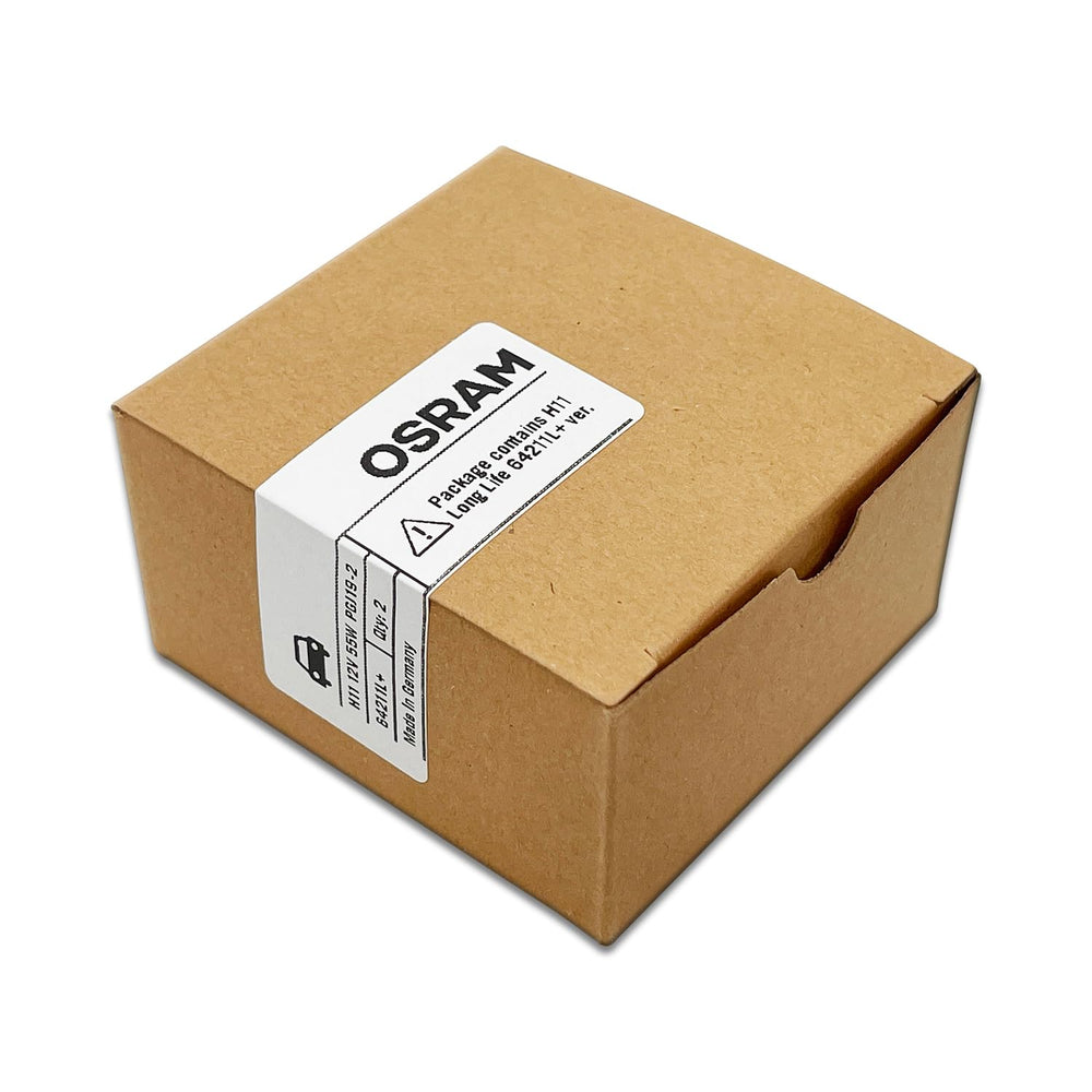 OSRAM H11 64211L+ 12V 55W spec label ensures correct vehicle compatibility.