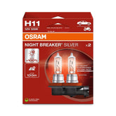OSRAM Night Breaker Silver H11 with bright headlight beam for improved night visibility.