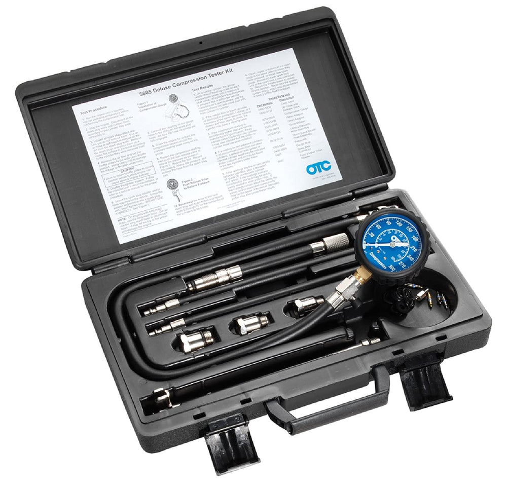 OTC 5605 Deluxe gauge close-up showing dual scale readings for quick compression checks