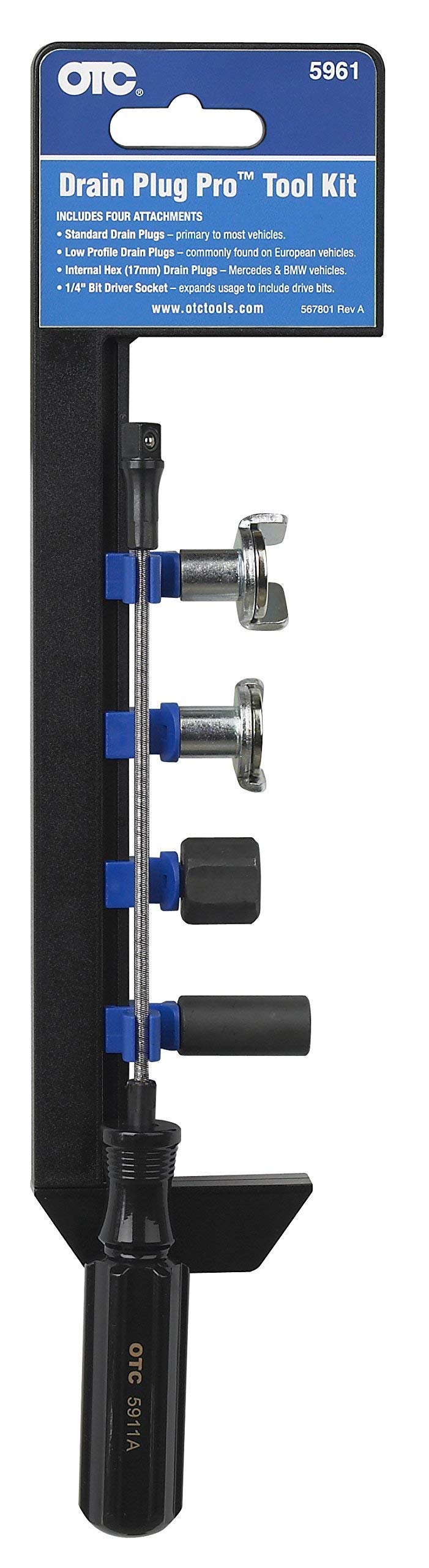 OTC Drain Plug Pro Tool Kit standard attachment captures plug for fast, drip-free removal