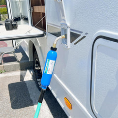 OULEME inline filter connects to standard 3/4-inch hoses for RVs, boats, and gardens