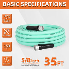 OULEME 35ft water hose with aluminum fittings provides leak-free connections.