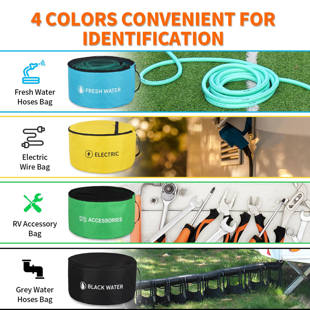 OULEME RV storage bags – four-color pack keeps hoses and cords organized.