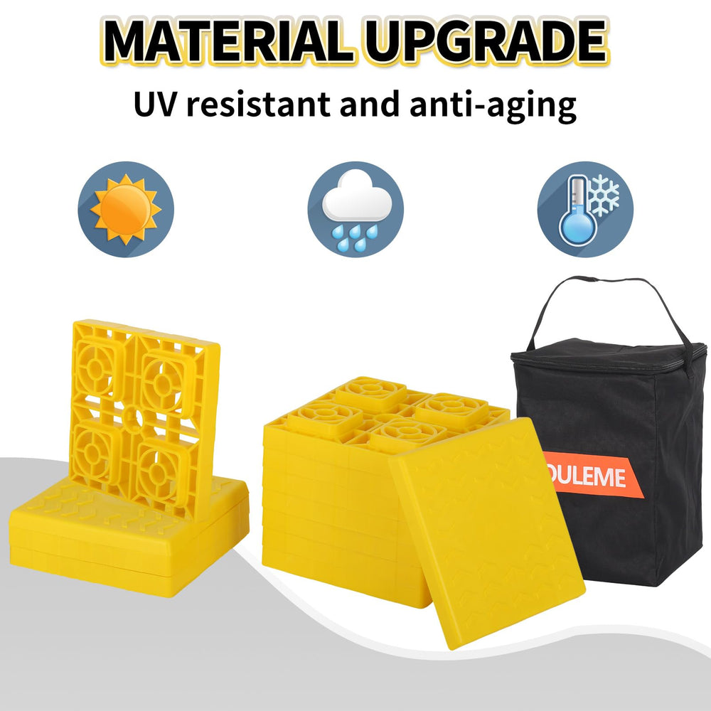 OULEME blocks work with jacks and stabilizers for leveling.