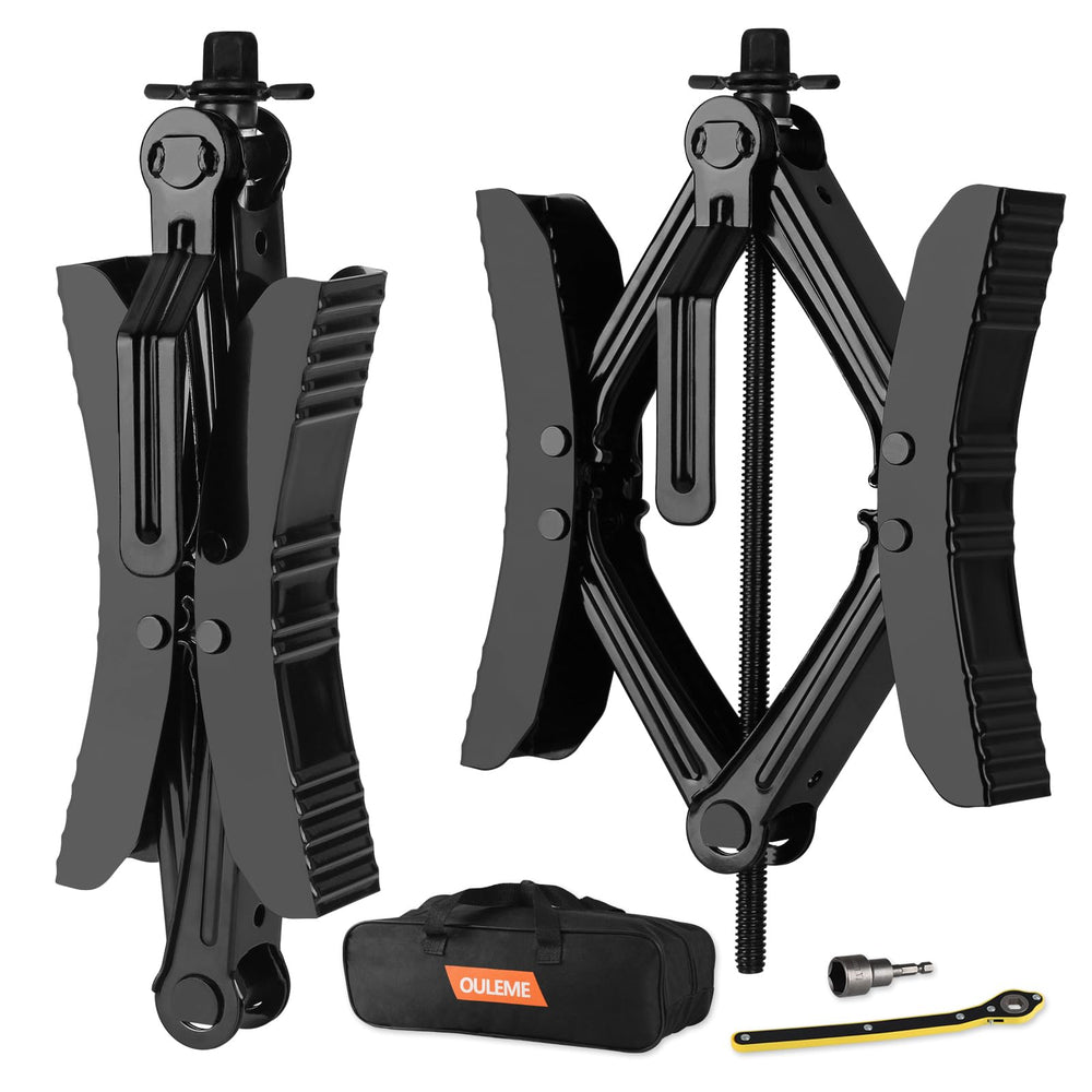 OULEME RV tire stabilizer with X-shaped wheel chock gripping dual-axle wheels.