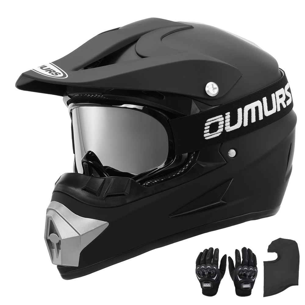 OUMURS 125A Matte Black helmet, front view, for off-road safety and visibility
