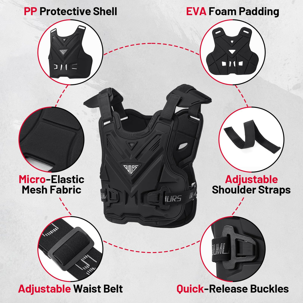 Oumurs chest protector back view showcasing lightweight frame and breathable surface for long sessions.