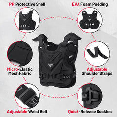 Oumurs chest protector back view showcasing lightweight frame and breathable surface for long sessions.