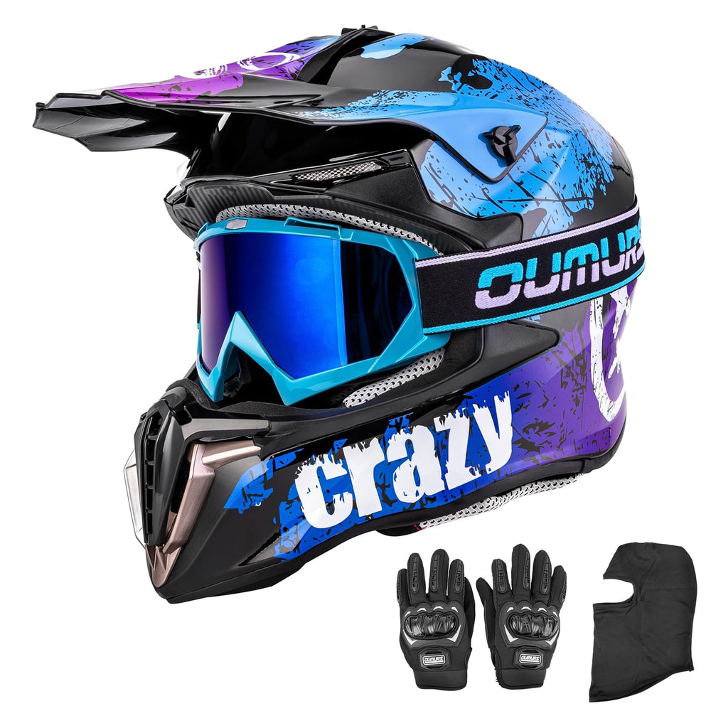 OUMURS dirt bike helmet with blue goggles for clear sun vision