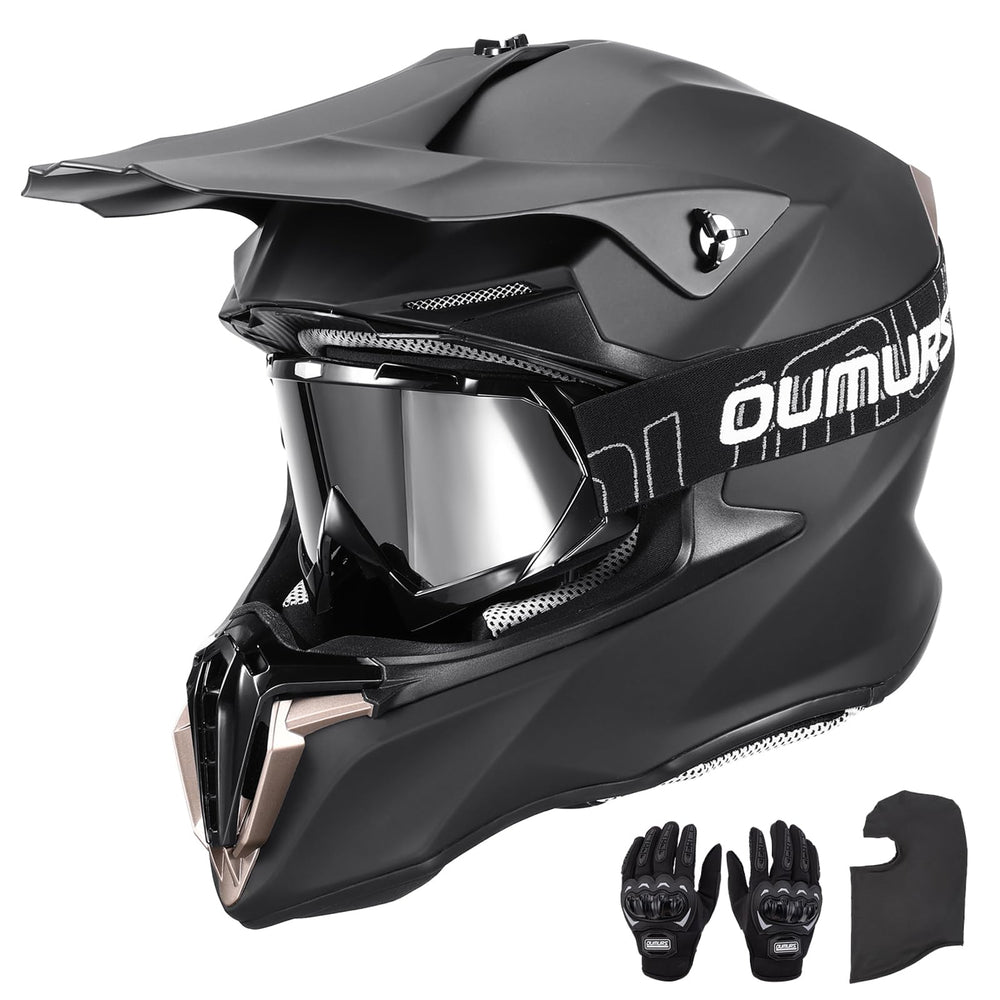 OUMURS dirt bike helmet front view with matte black finish and sturdy shell
