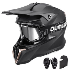 OUMURS dirt bike helmet front view with matte black finish and sturdy shell