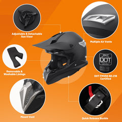 OUMURS dirt bike helmet side view highlighting sturdy ABS shell.