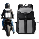 Oumurs Reflective Backpack with helmet net deployed for secure helmet carry after rides.