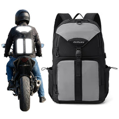 Oumurs Reflective Backpack with helmet net deployed for secure helmet carry after rides.
