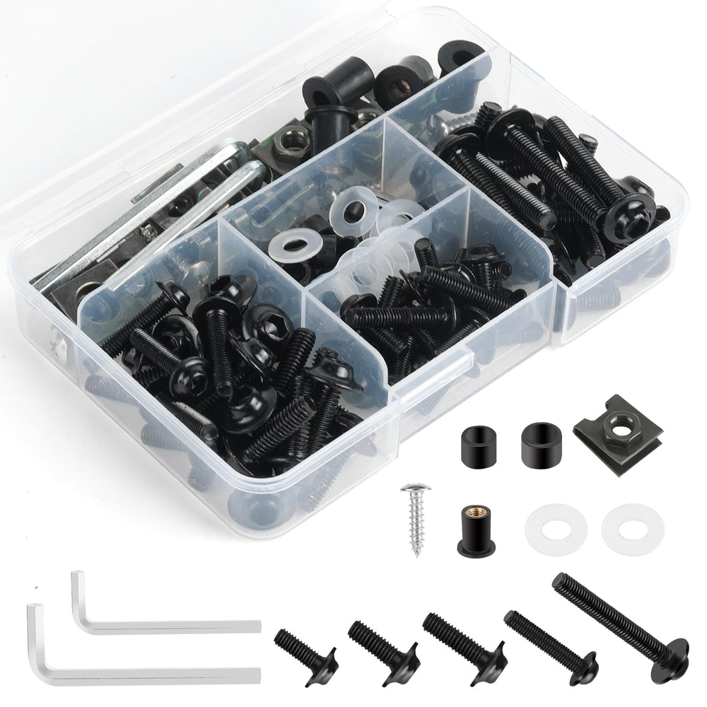 OURONOTO 177Pcs fairing bolt kit close-up with durable stainless steel fasteners.