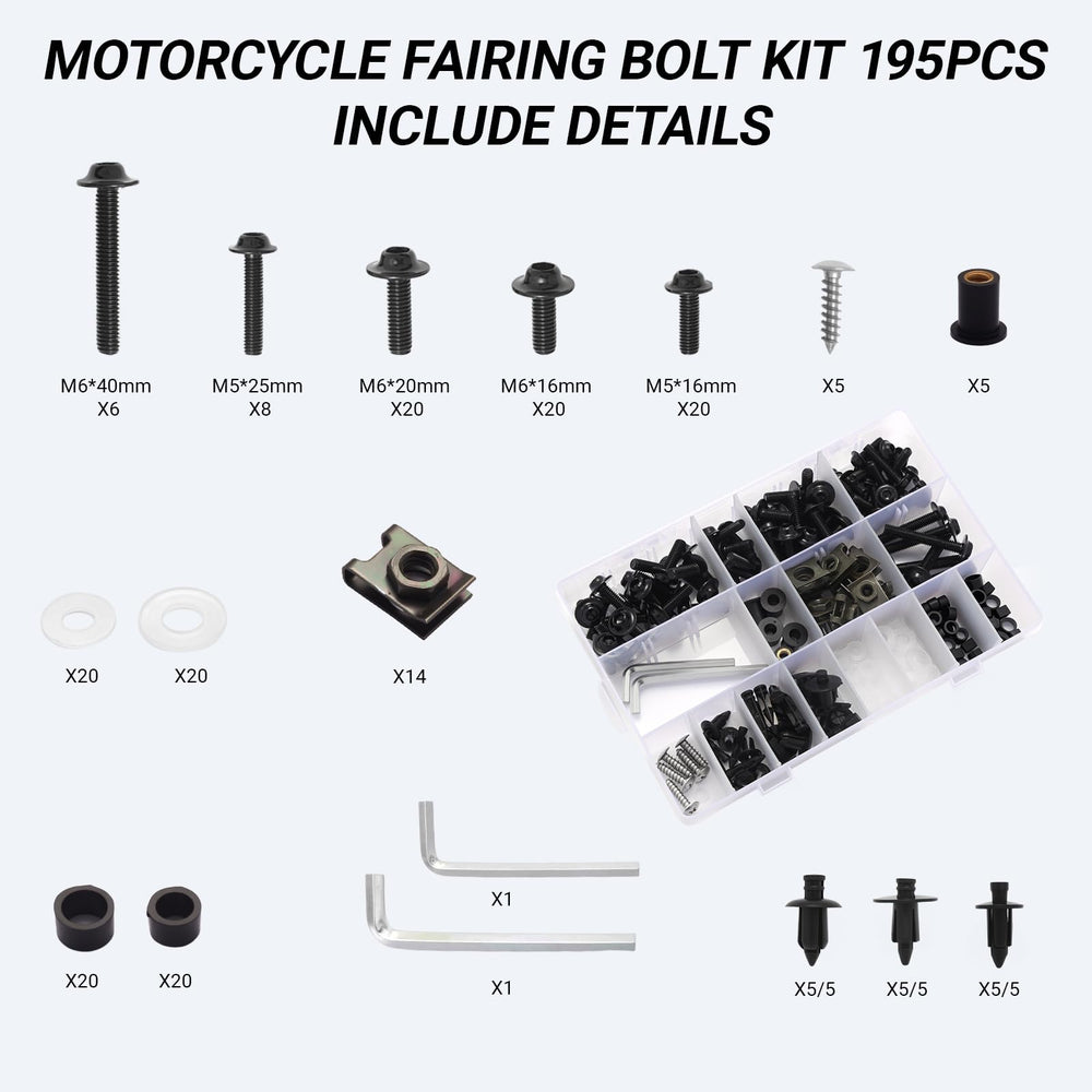 Complete 195-piece set ideal for Honda, Suzuki, Kawasaki fairing repairs