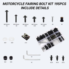 Complete 195-piece set ideal for Honda, Suzuki, Kawasaki fairing repairs