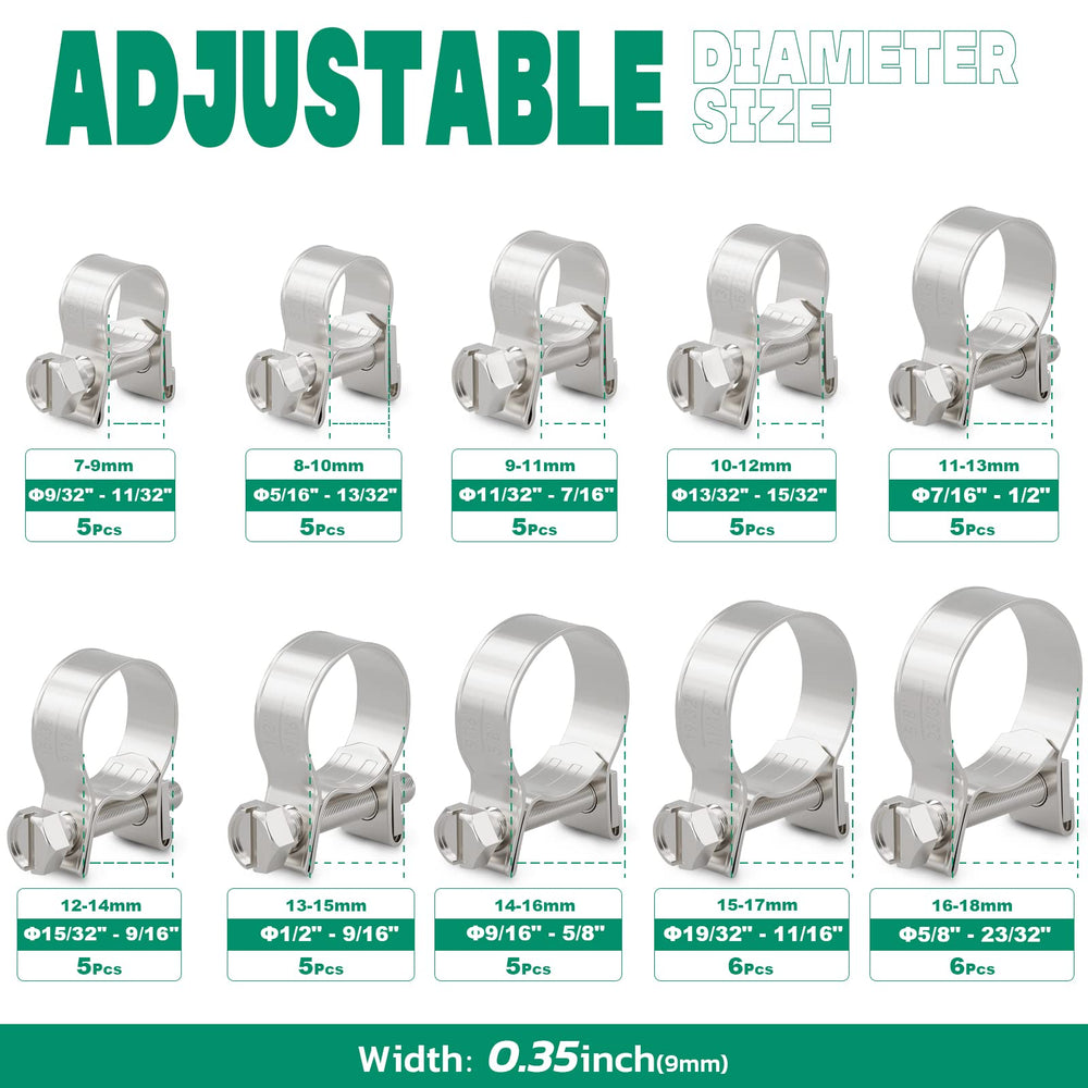 OURU clamp set with 10 sizes marked in inches for precise fitment during repairs.