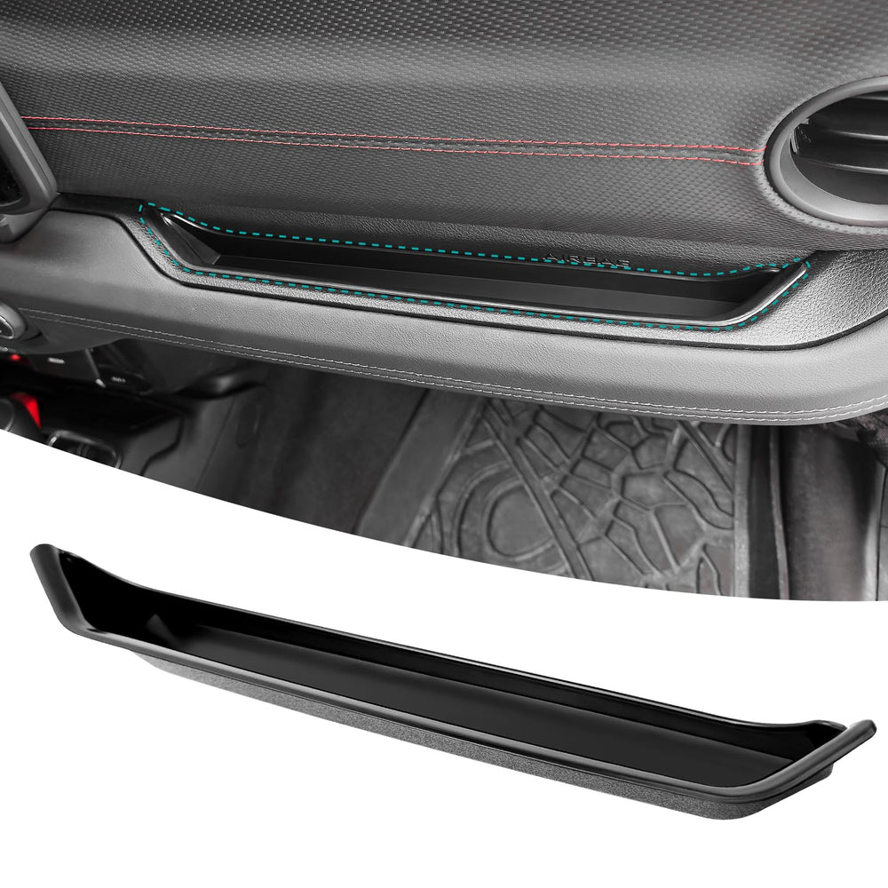 OUSUWO grab bar tray organizer for Wrangler JL with secure passenger side storage.